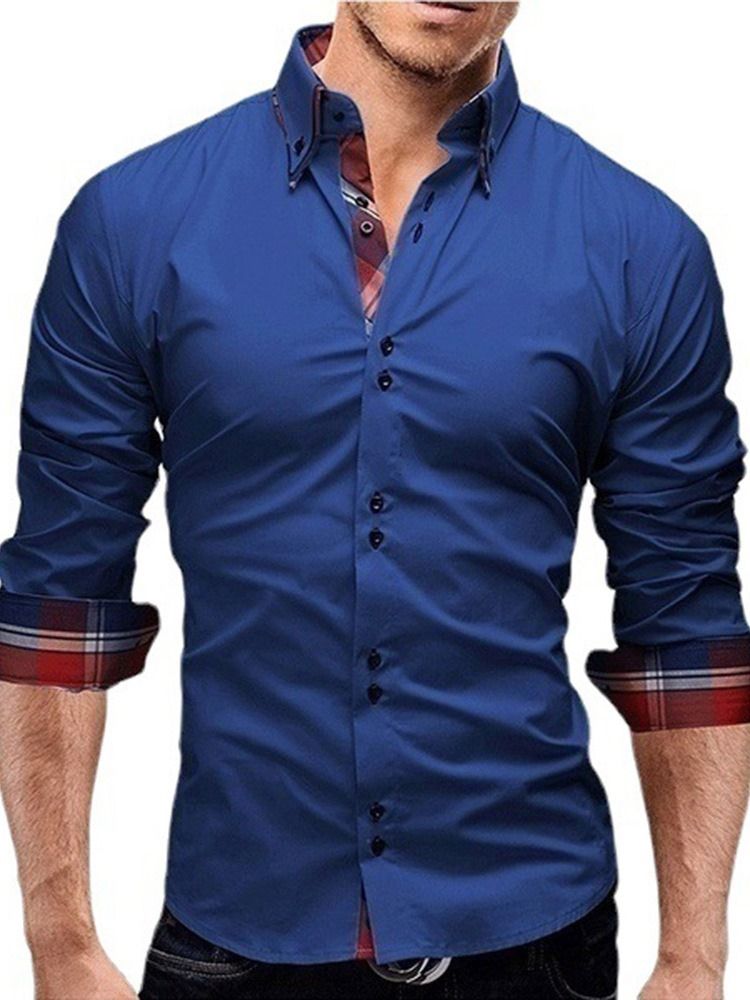 Rutigt Tryck Casual Lapel Button Slim Shirt För Män