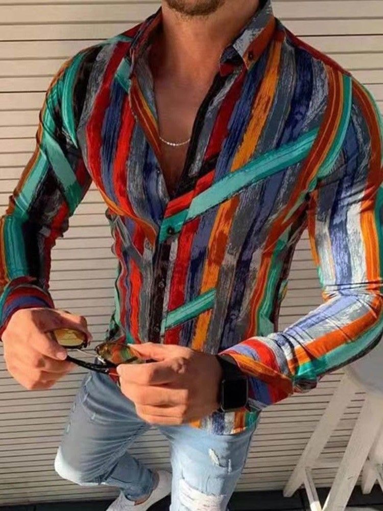 Skriv Ut Casual Lapel Slim Enkelknäppt Herrskjorta