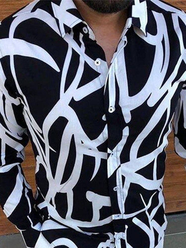 Skriv Ut Casual Lapel Stand Enkelknäppt Herrskjorta