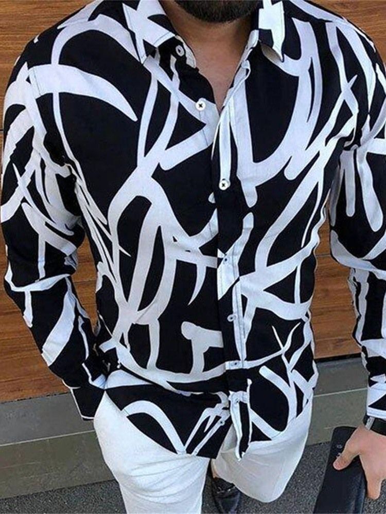 Skriv Ut Casual Lapel Stand Enkelknäppt Herrskjorta