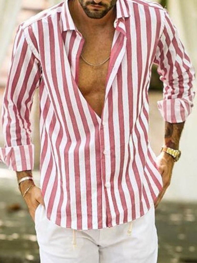 Stripe Button Lapel Enkelknäppt Slim Shirt För Män