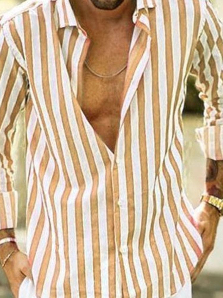 Stripe Button Lapel Enkelknäppt Slim Shirt För Män