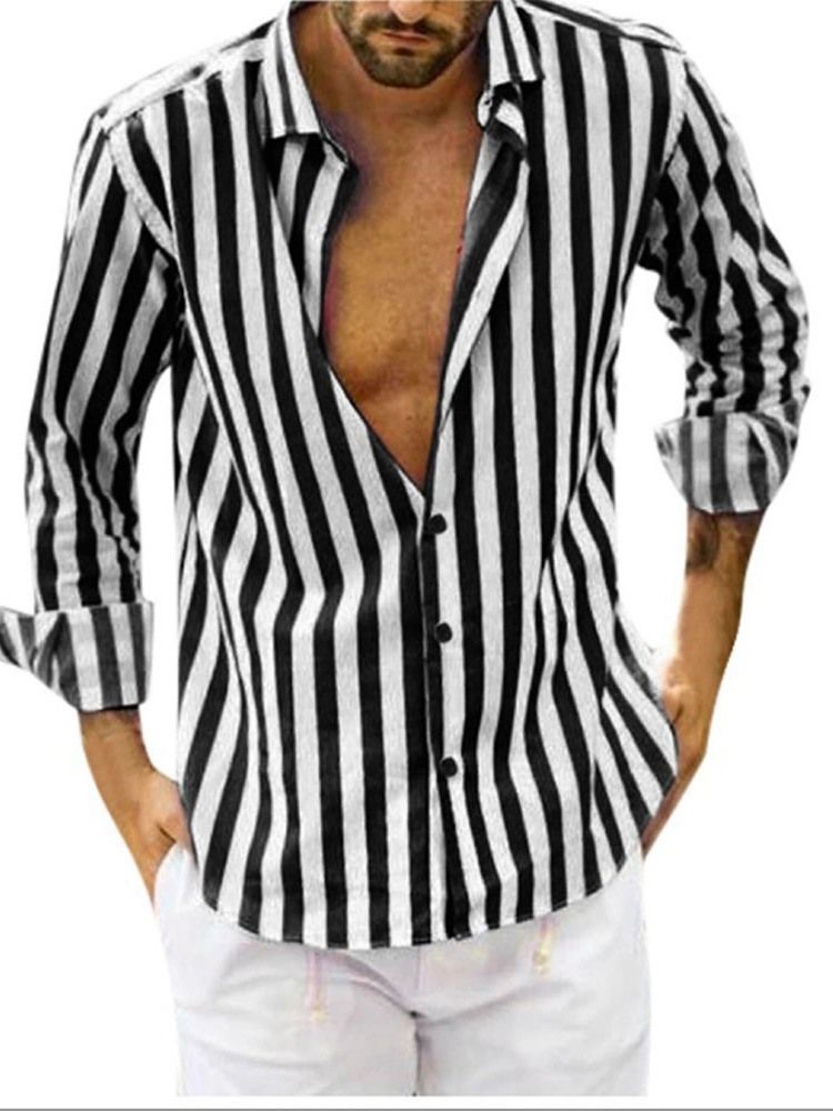 Stripe Button Lapel Enkelknäppt Slim Shirt För Män