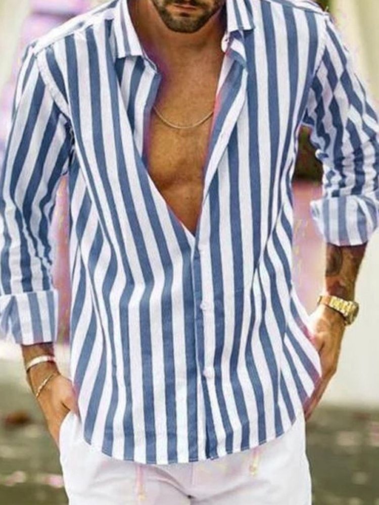 Stripe Lapel Casual Rak Enkelknäppt Skjorta