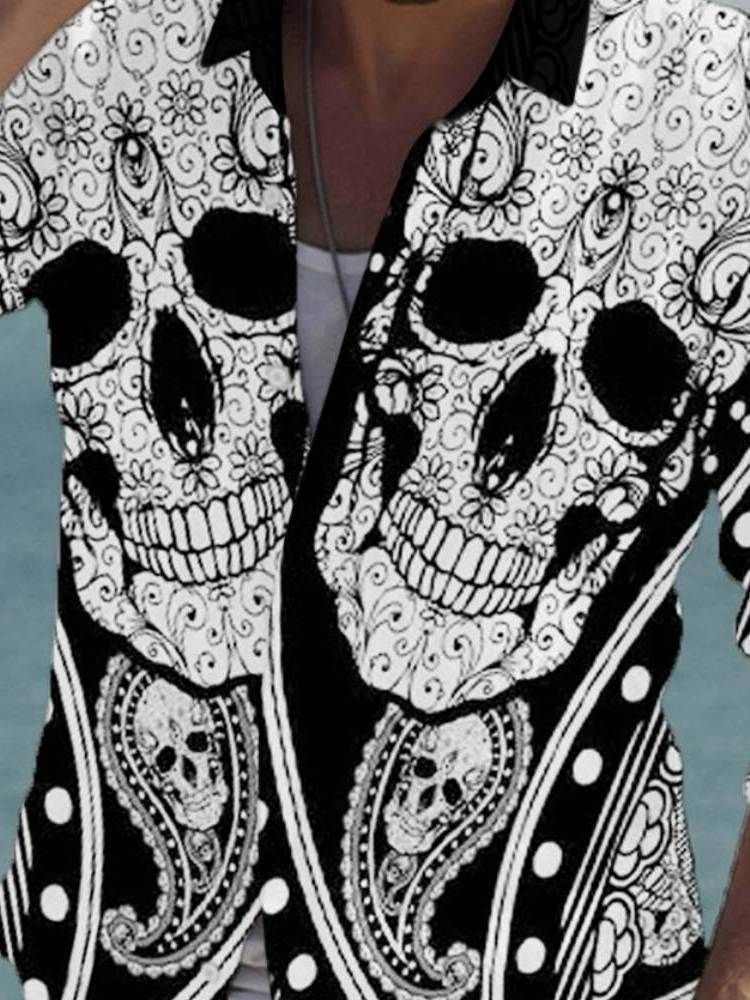 Tiktok Lapel Print Skull Slim Sommar Shirt