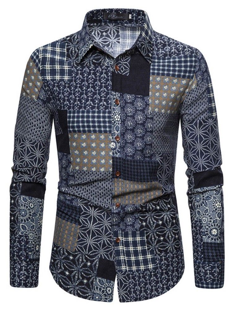 Tryck Lapel European Spring Slim Shirt För Män