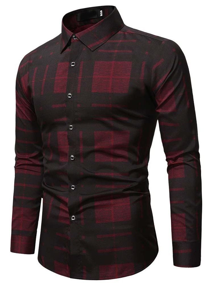 Tryck Lapel Pläd Fall Slim Shirt