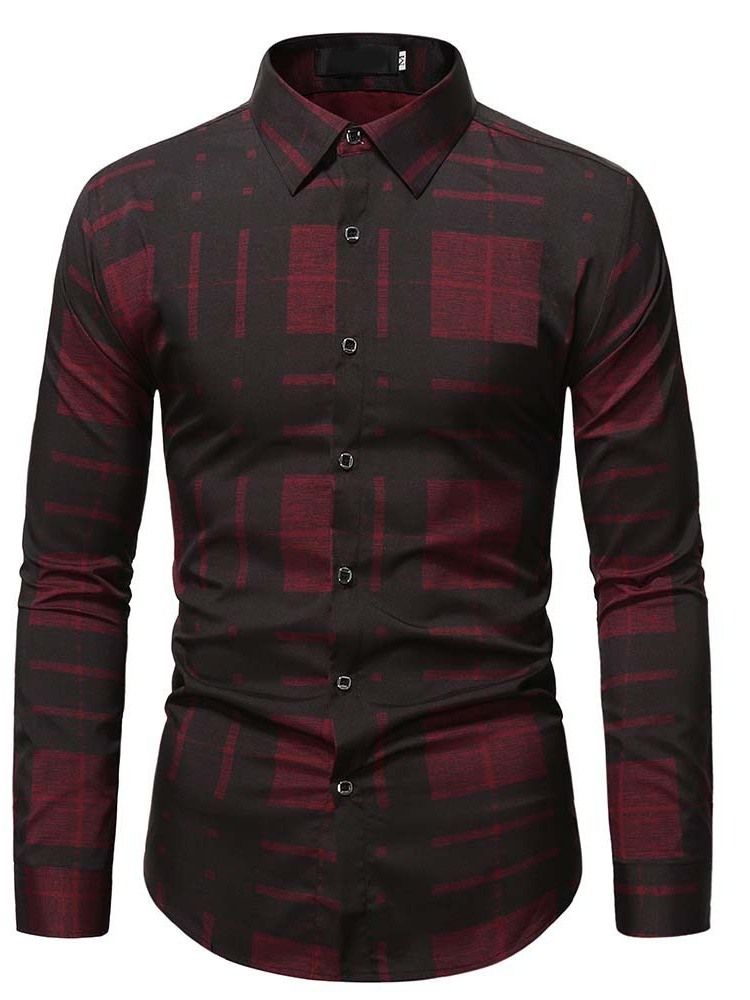 Tryck Lapel Pläd Fall Slim Shirt
