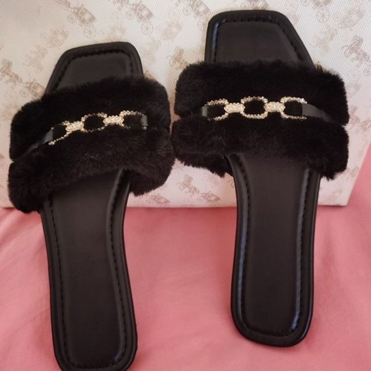 Fuzzy Slip-On Platt Med Flip Flop Fuskpäls Enfärgade Tofflor