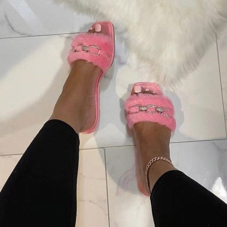 Fuzzy Slip-On Platt Med Flip Flop Fuskpäls Enfärgade Tofflor