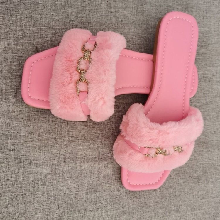 Fuzzy Slip-On Platt Med Flip Flop Fuskpäls Enfärgade Tofflor