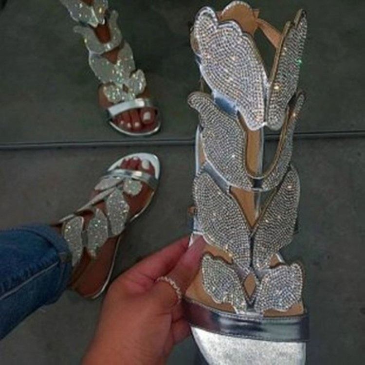 Hältäckande Dragkedja Platt Med Strass Sandaler
