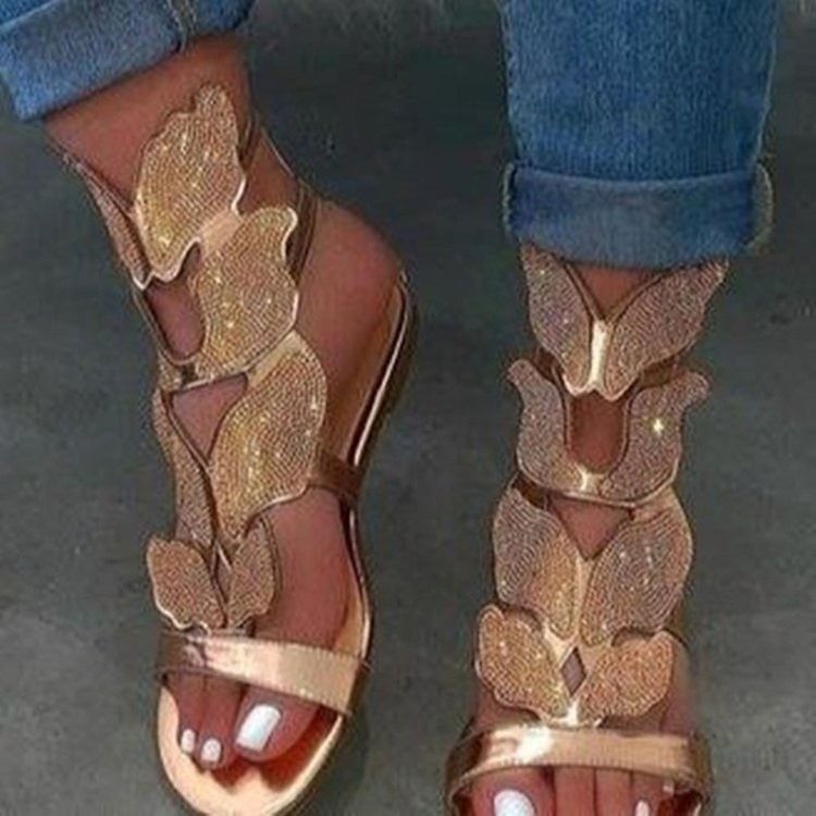 Hältäckande Dragkedja Platt Med Strass Sandaler
