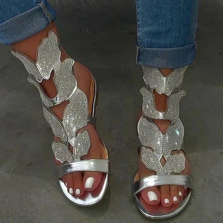 Hältäckande Dragkedja Platt Med Strass Sandaler