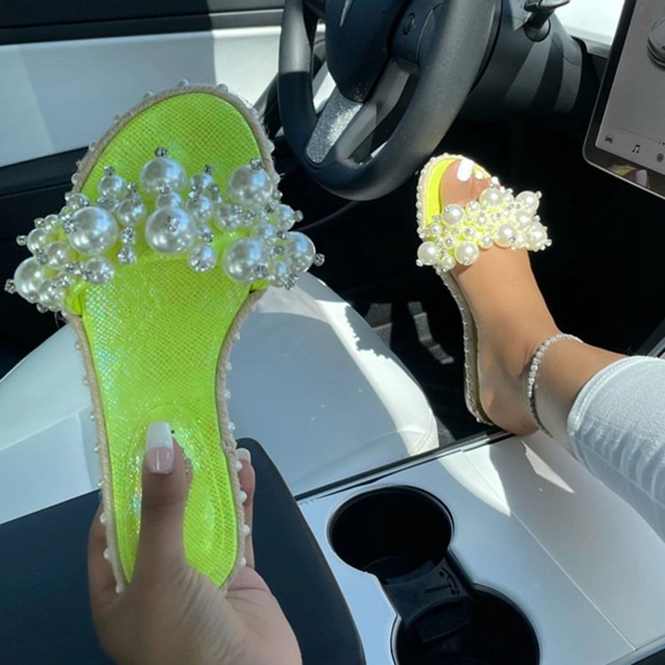 Pärlor Platt Med Flip Flop Casual Kvinnors Tofflor