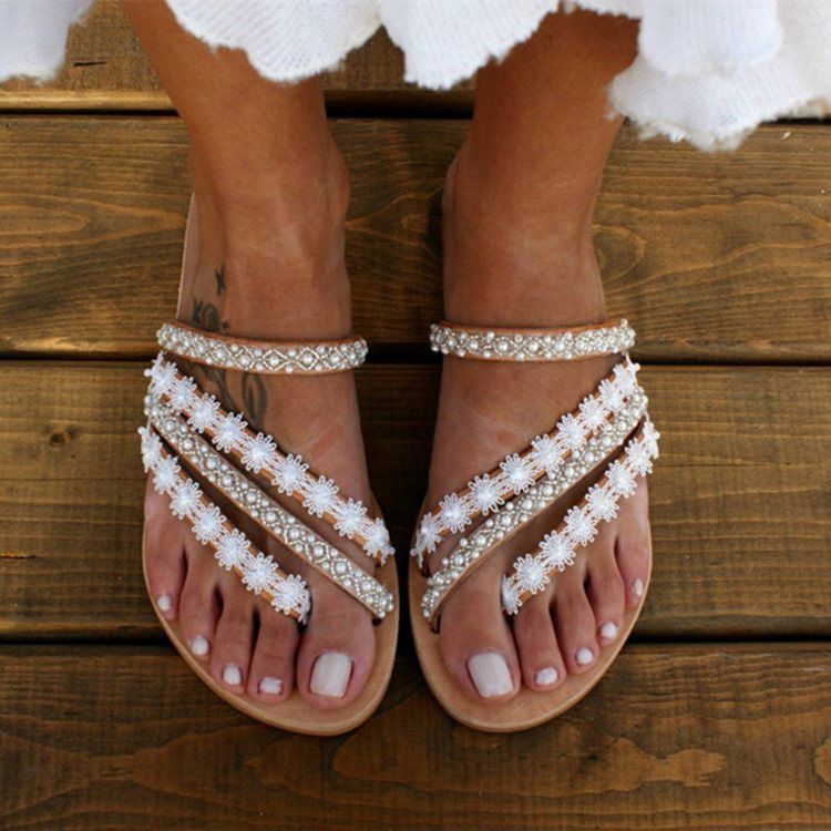 Platt Med Flip Flop Rhinestone Damtofflor