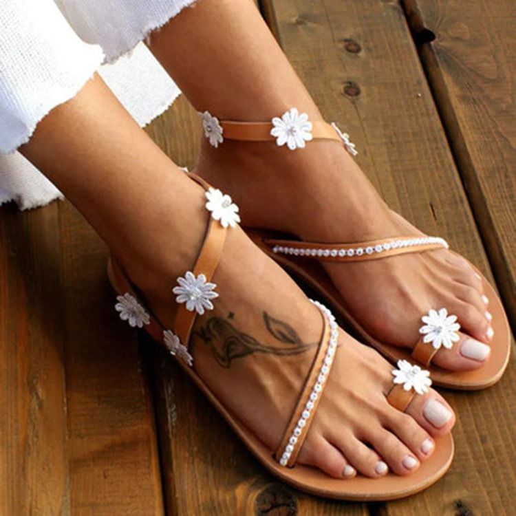 Platt Med Tåring Slip-On Blommiga Sandaler För Kvinnor