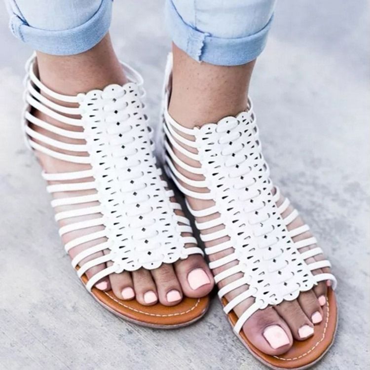 Pu Ihålig Dragkedja Med Öppen Tå Platt Sandaler För Kvinnor