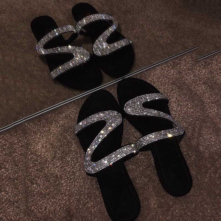Rhinestone Slip-On Block Heel Dams Platta Sandaler