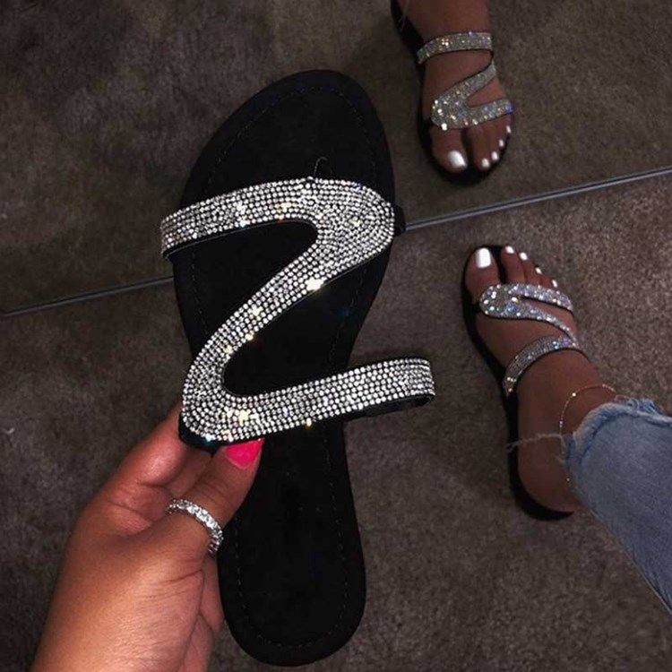 Rhinestone Slip-On Block Heel Dams Platta Sandaler