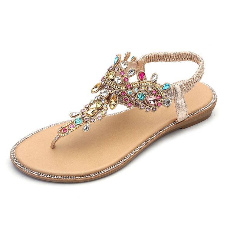 Rhinestone Thong Elastiskt Band Platta Sandaler För Kvinnor