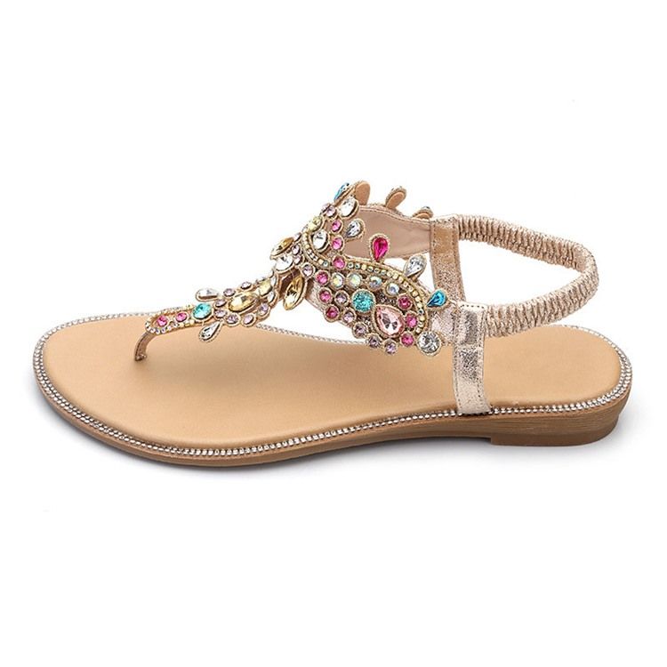 Rhinestone Thong Elastiskt Band Platta Sandaler För Kvinnor