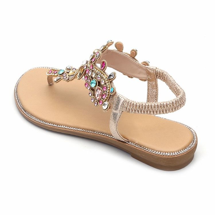 Rhinestone Thong Elastiskt Band Platta Sandaler För Kvinnor