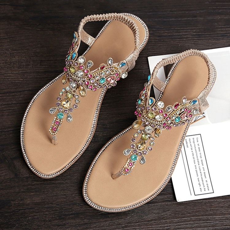 Rhinestone Thong Elastiskt Band Platta Sandaler För Kvinnor