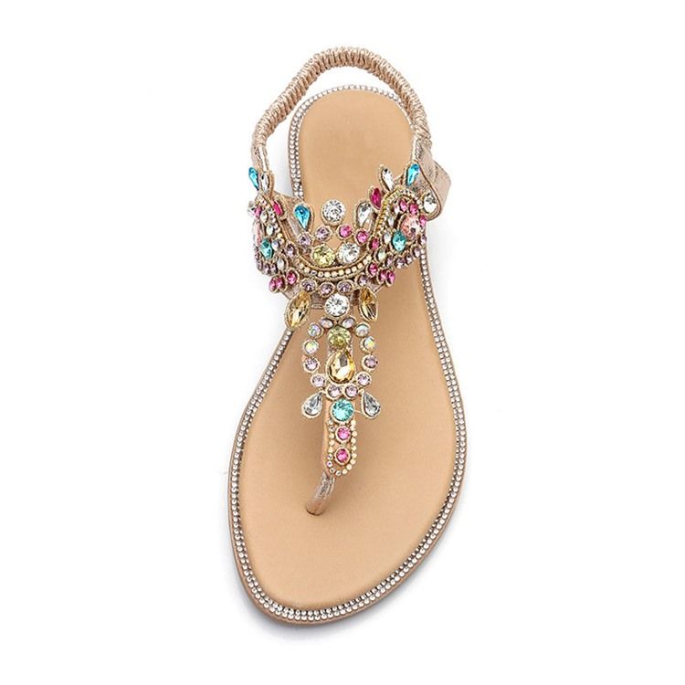 Rhinestone Thong Elastiskt Band Platta Sandaler För Kvinnor