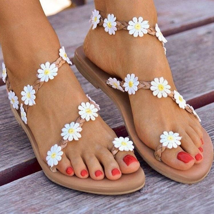 Slip-On Toe Ring Platt Med Blommiga Damsandaler