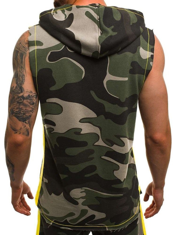 Hooded Print Camouflage Sommar Casual Herrväst