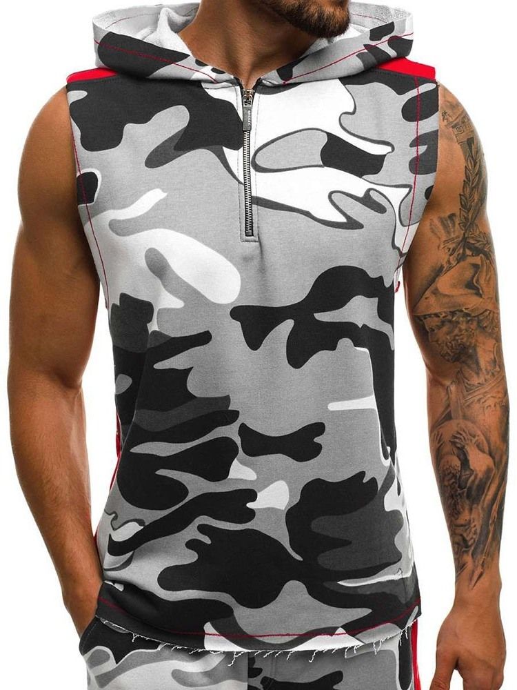 Hooded Print Camouflage Sommar Casual Herrväst