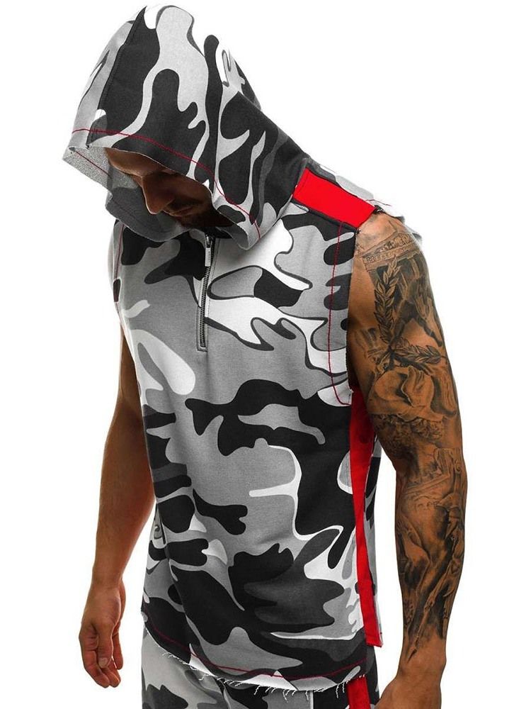 Hooded Print Camouflage Sommar Casual Herrväst
