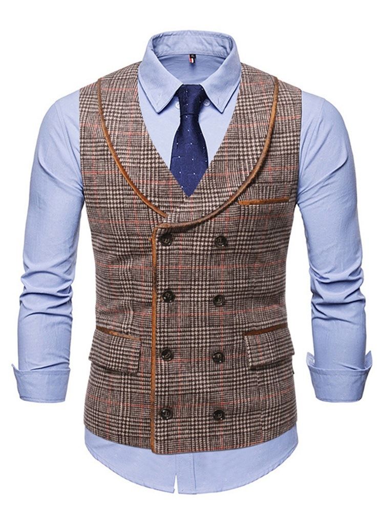 Lapel Pocket Pläd Höst Dubbelknäppt Väst