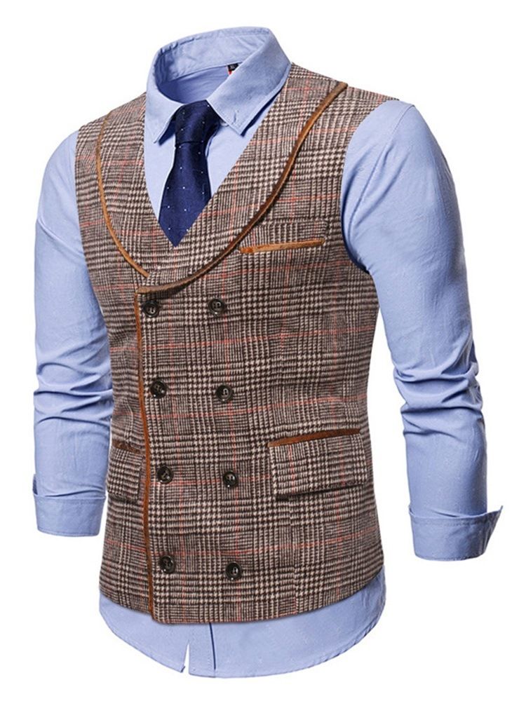 Lapel Pocket Pläd Höst Dubbelknäppt Väst