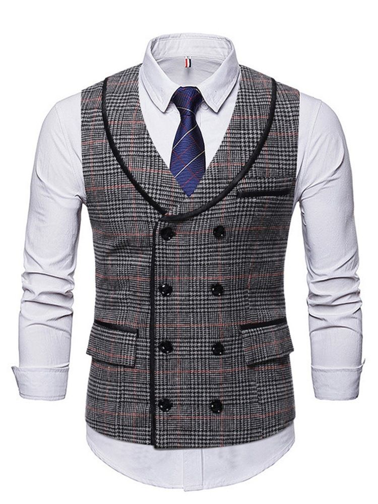 Lapel Pocket Pläd Höst Dubbelknäppt Väst