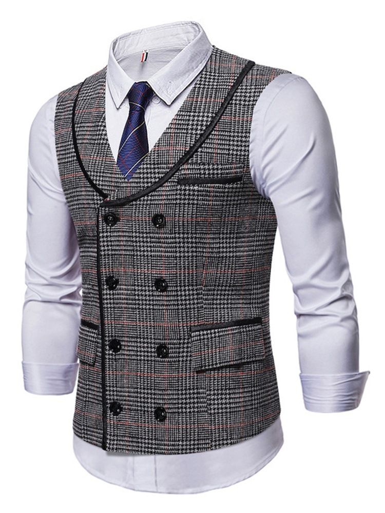 Lapel Pocket Pläd Höst Dubbelknäppt Väst