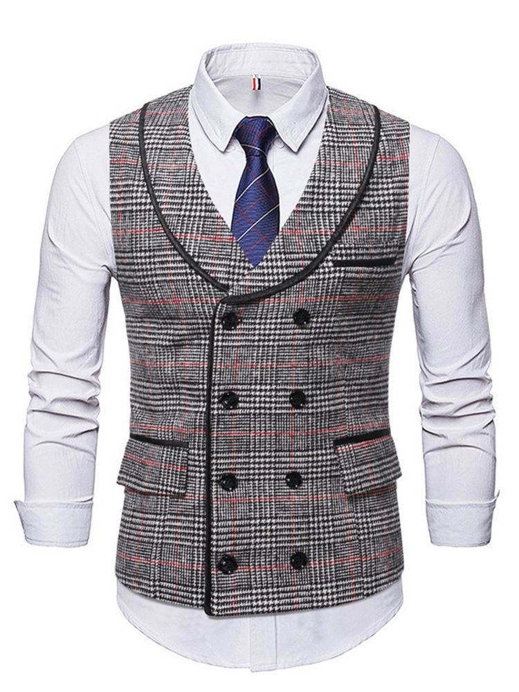 Lapel Pocket Pläd Höst Dubbelknäppt Väst
