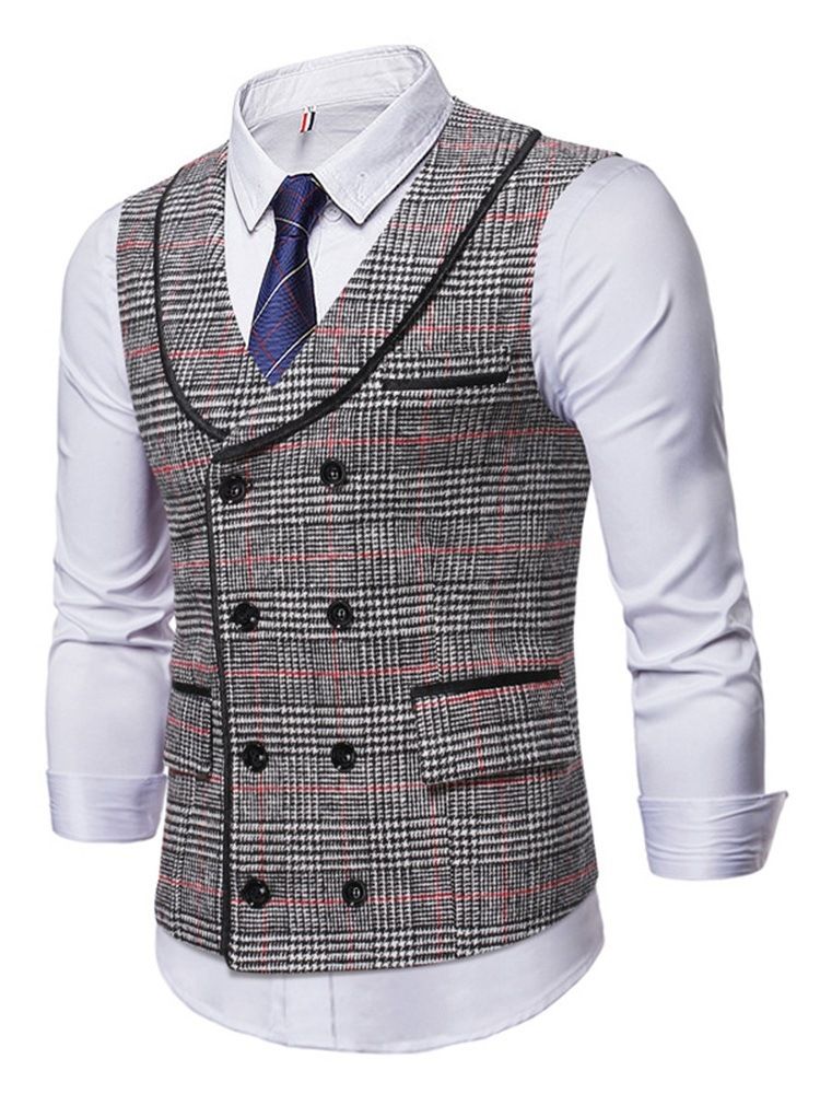 Lapel Pocket Pläd Höst Dubbelknäppt Väst