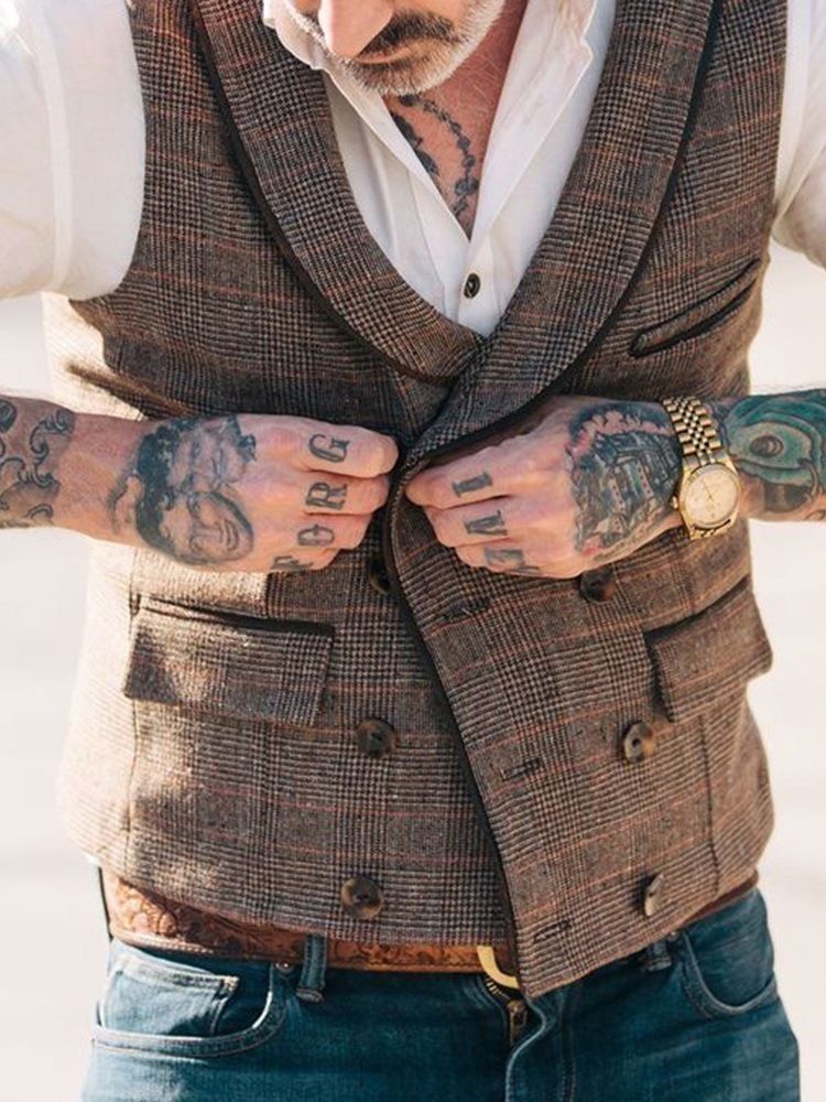 Lapel Pocket Pläd Höst Dubbelknäppt Väst