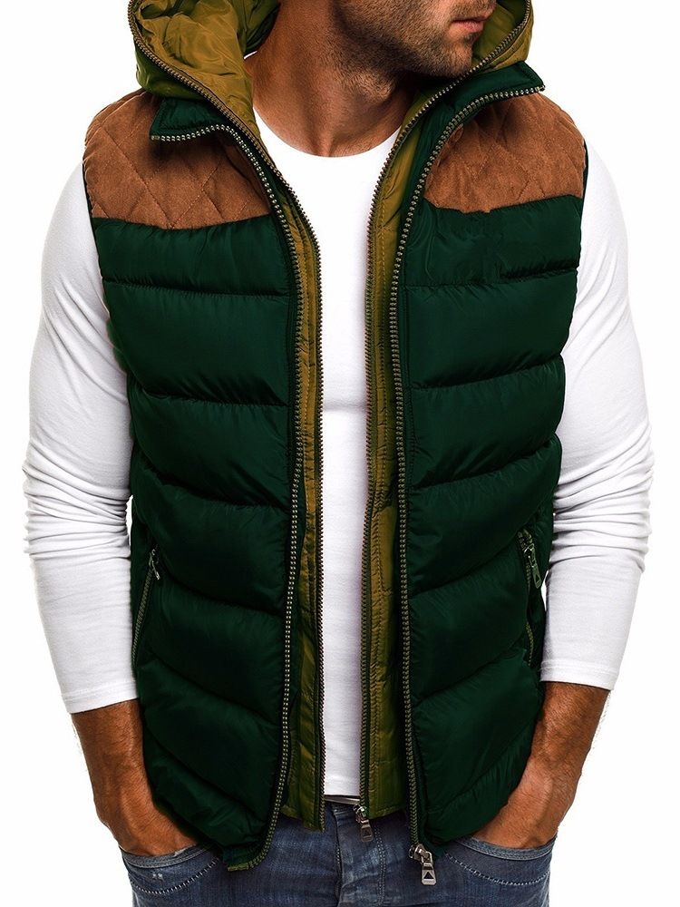 Patchwork Color Block Dubbellagers Dragkedja Casual Väst