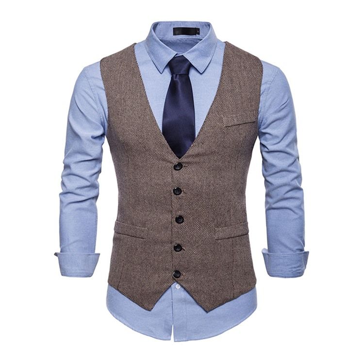 Plain Pocket Single Breasted Mäns Casual Klänning Vest