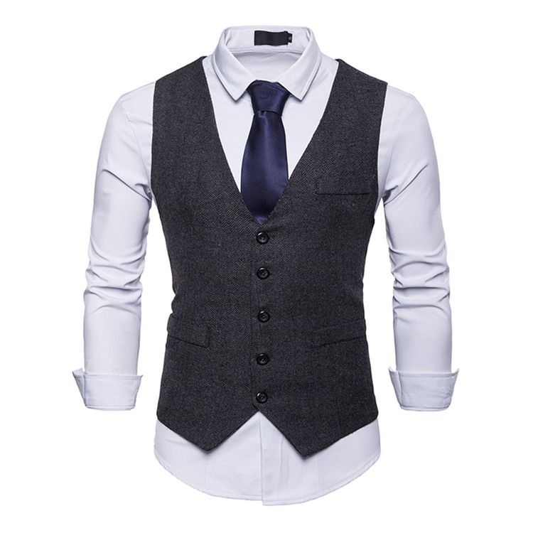 Plain Pocket Single Breasted Mäns Casual Klänning Vest