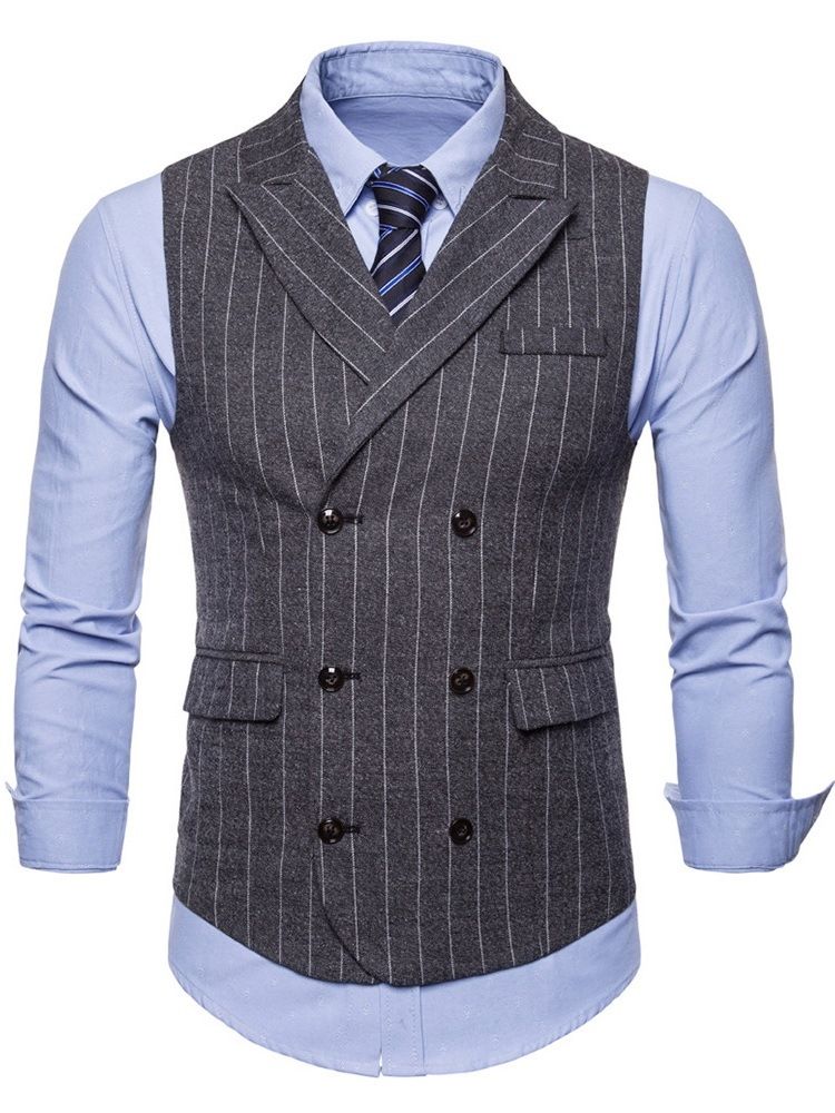 Randig Dubbel Breated Lapel Mäns Casual Klänning Vest