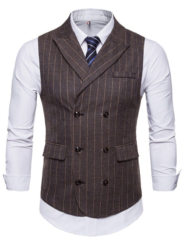 Randig Dubbel Breated Lapel Mäns Casual Klänning Vest