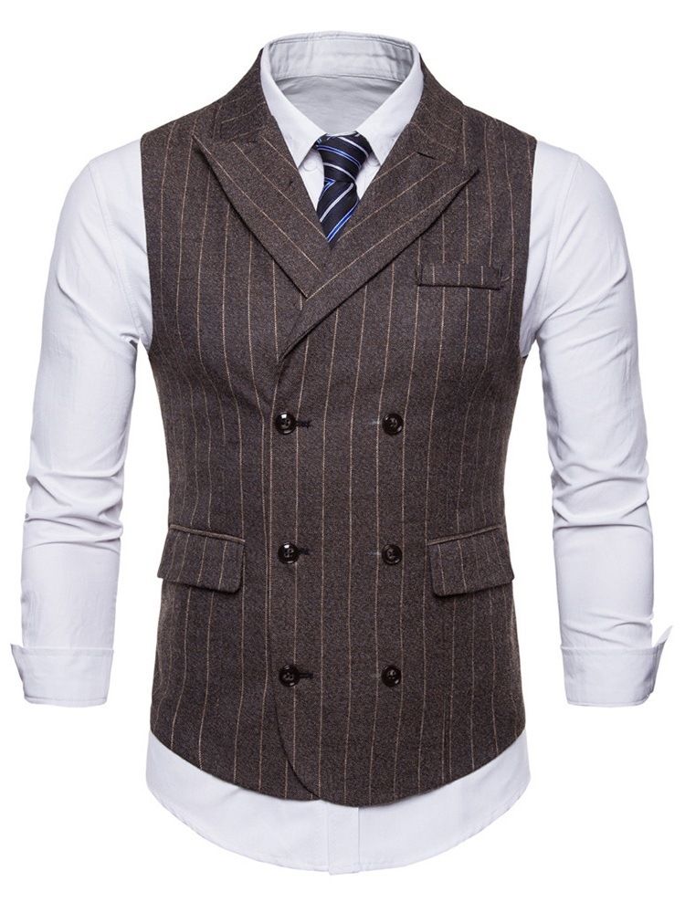 Randig Dubbel Breated Lapel Mäns Casual Klänning Vest