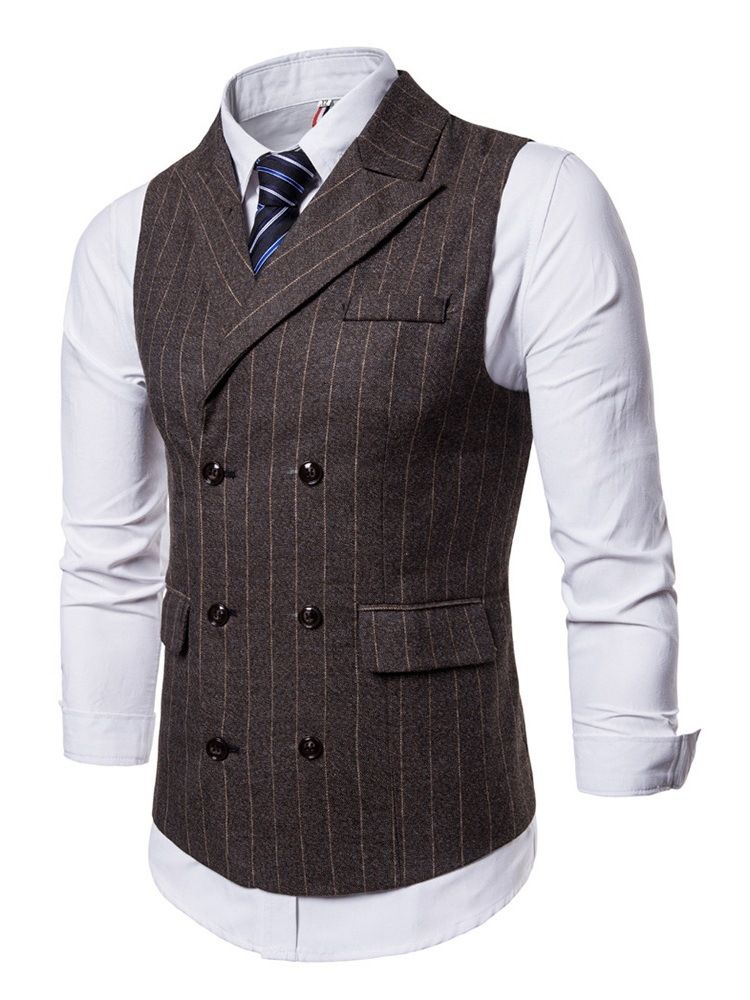 Randig Dubbel Breated Lapel Mäns Casual Klänning Vest