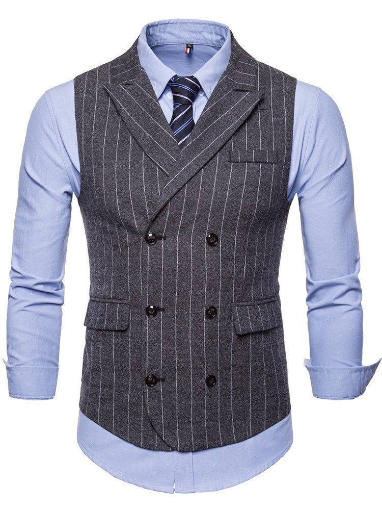 Randig Dubbel Breated Lapel Mäns Casual Klänning Vest