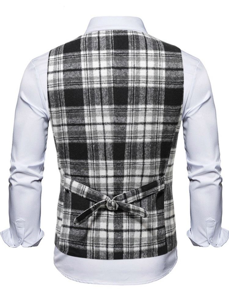 V-Ringad Pocket Pläd Fall Enkelknäppt Väst