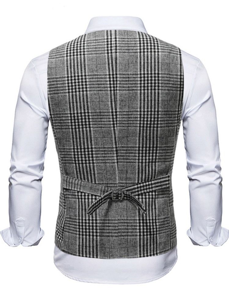 V-Ringad Pocket Pläd Fall Enkelknäppt Väst